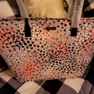 Grey, pink, black, and white dotted tote.